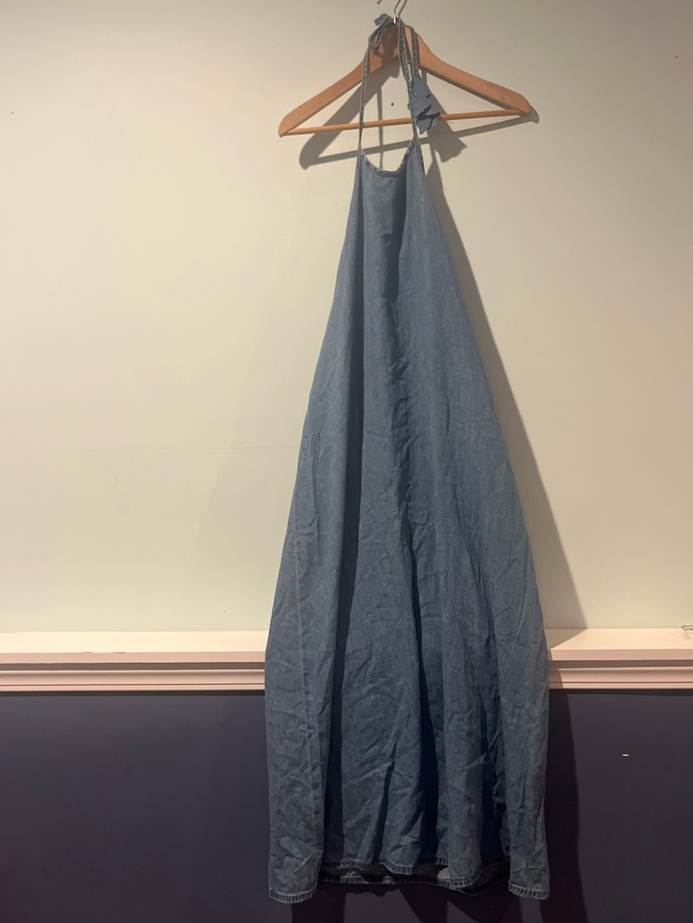 Zara Women’s Halter Neck Light Blue Long Denim Cotton Dress, Sz Large